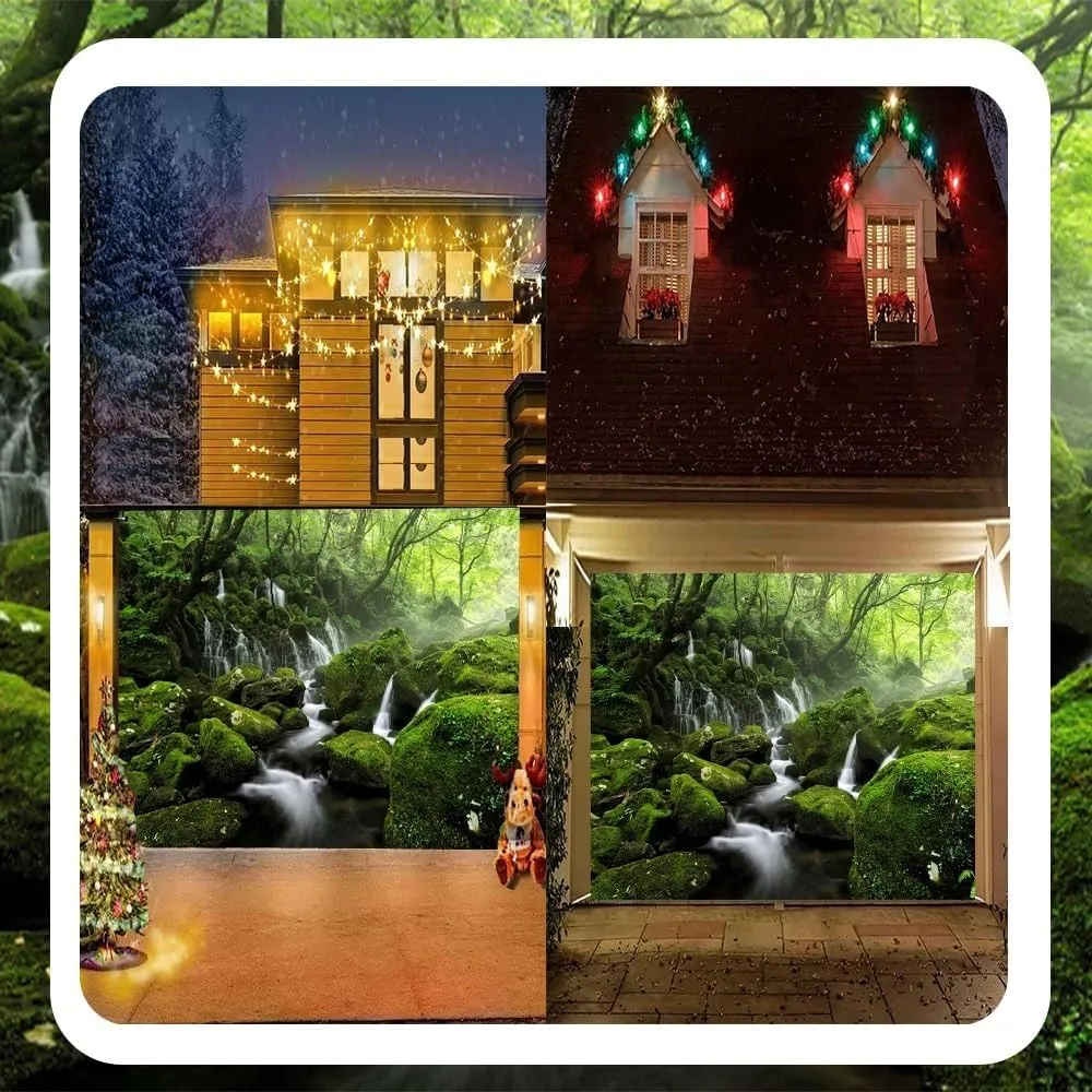 7x8ft Forest Waterfall Garage Door Decorations Graceful Natural Scenery Wall Door Banner Cover Spring Scenery Misty Jungle Rock Mountain Flowing Stream Rainforest Birthday Party Events Props