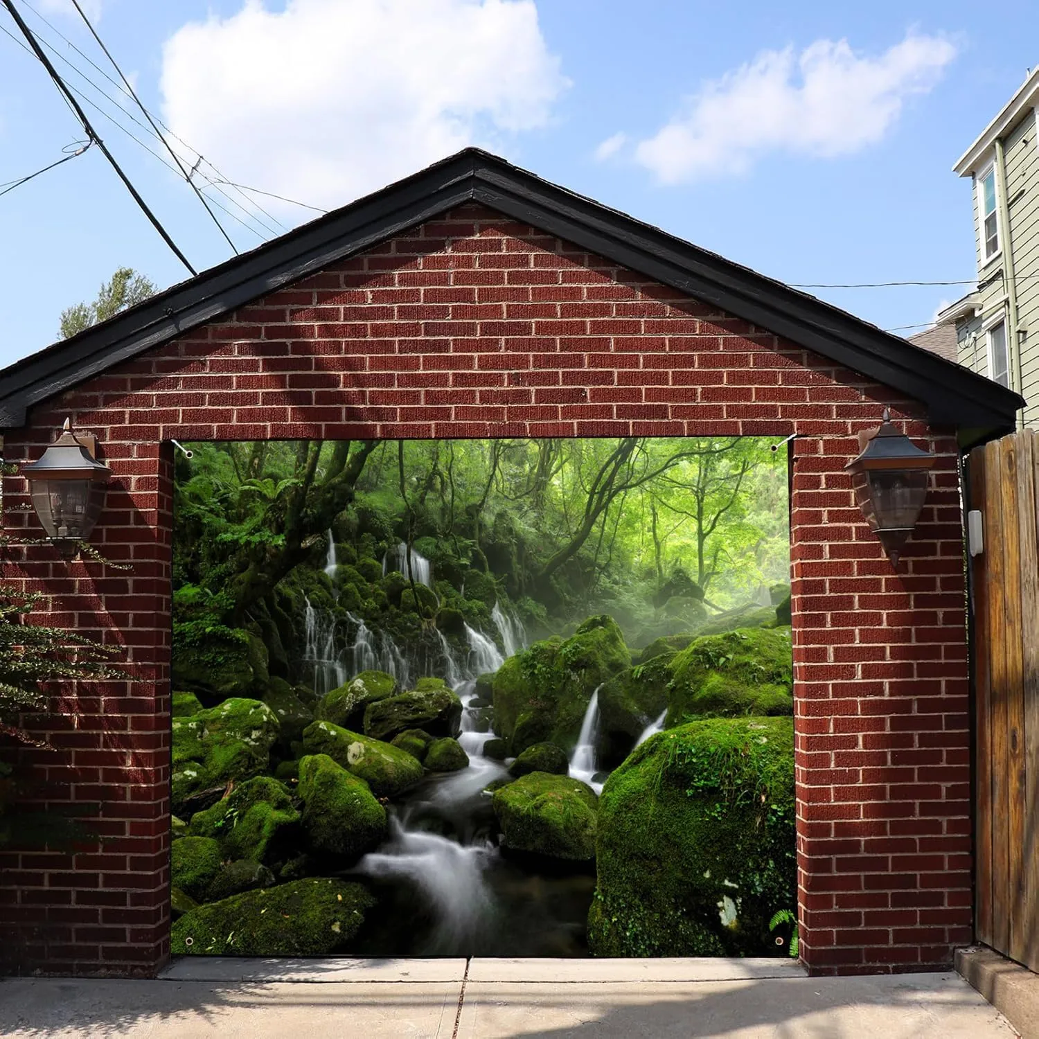7x8ft Forest Waterfall Garage Door Decorations Graceful Natural Scenery Wall Door Banner Cover Spring Scenery Misty Jungle Rock Mountain Flowing Stream Rainforest Birthday Party Events Props