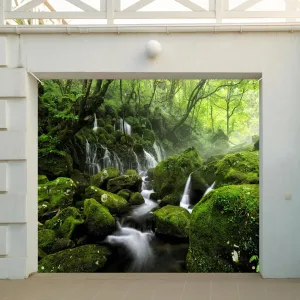 7x8ft Forest Waterfall Garage Door Decorations Graceful Natural Scenery Wall Door Banner Cover Spring Scenery Misty Jungle Rock Mountain Flowing Stream Rainforest Birthday Party Events Props