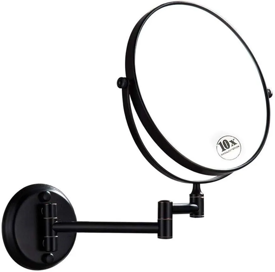 8 Inch Wall Mounted Makeup Mirror 1X/10X Magnifying, Double Sided 360° Swivel Extendable Shaving Cosmetic Mirror Round Vanity Mirror for Bathroom Hotels, Black