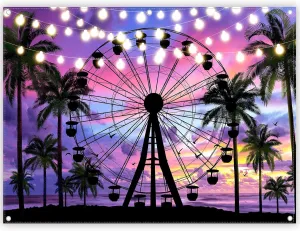 8x6ft Summer Seaside Ferris Wheel Backdrop Sunset Tropical Palm Tree Sparkling Lights Photography Background Festival Party Decorations Photo Props
