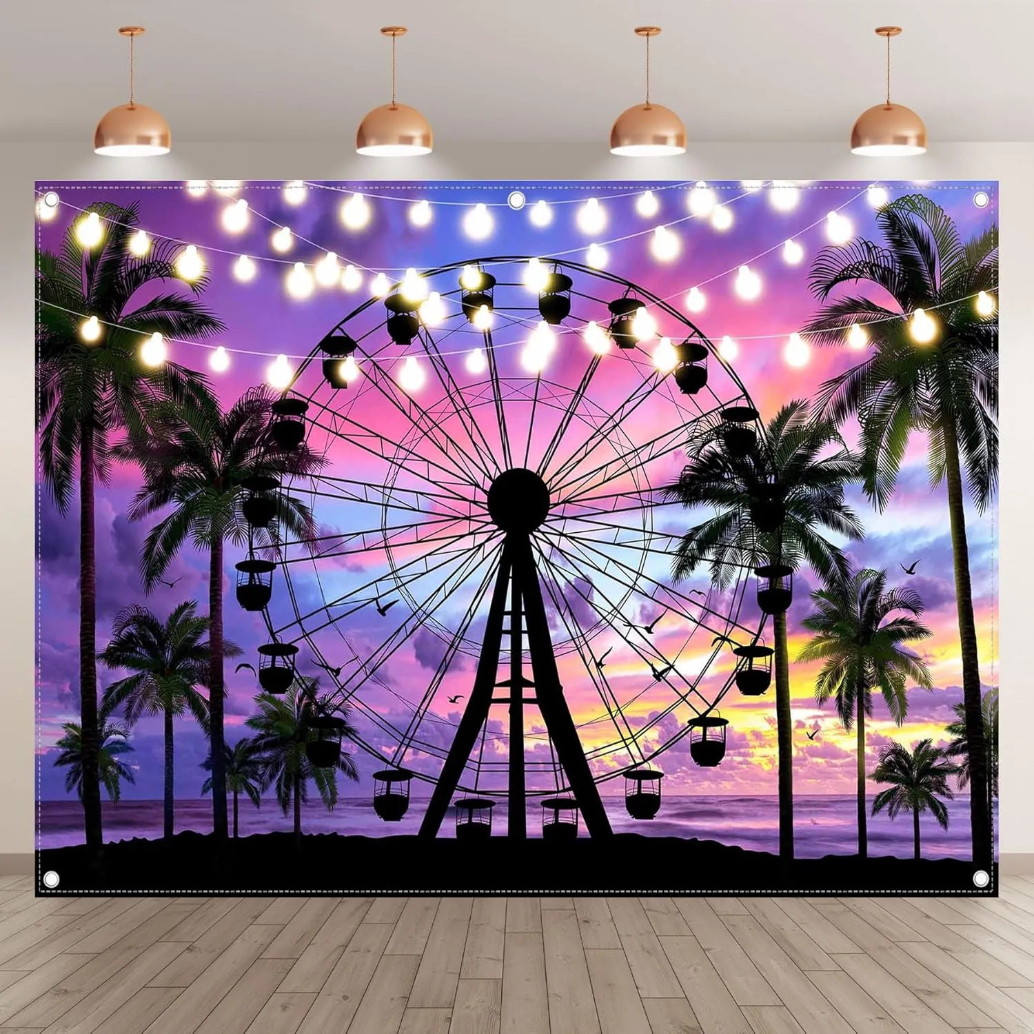 8x6ft Summer Seaside Ferris Wheel Backdrop Sunset Tropical Palm Tree Sparkling Lights Photography Background Festival Party Decorations Photo Props
