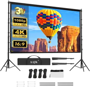 AAJK 150in Projector Screen with Stand,Portable 16:9 4K HD Indoor Outdoor Projection Screen with Wrinkle-Free Design, Ideal for Home Theater and Backyard Cinema – Includes Carry Bag