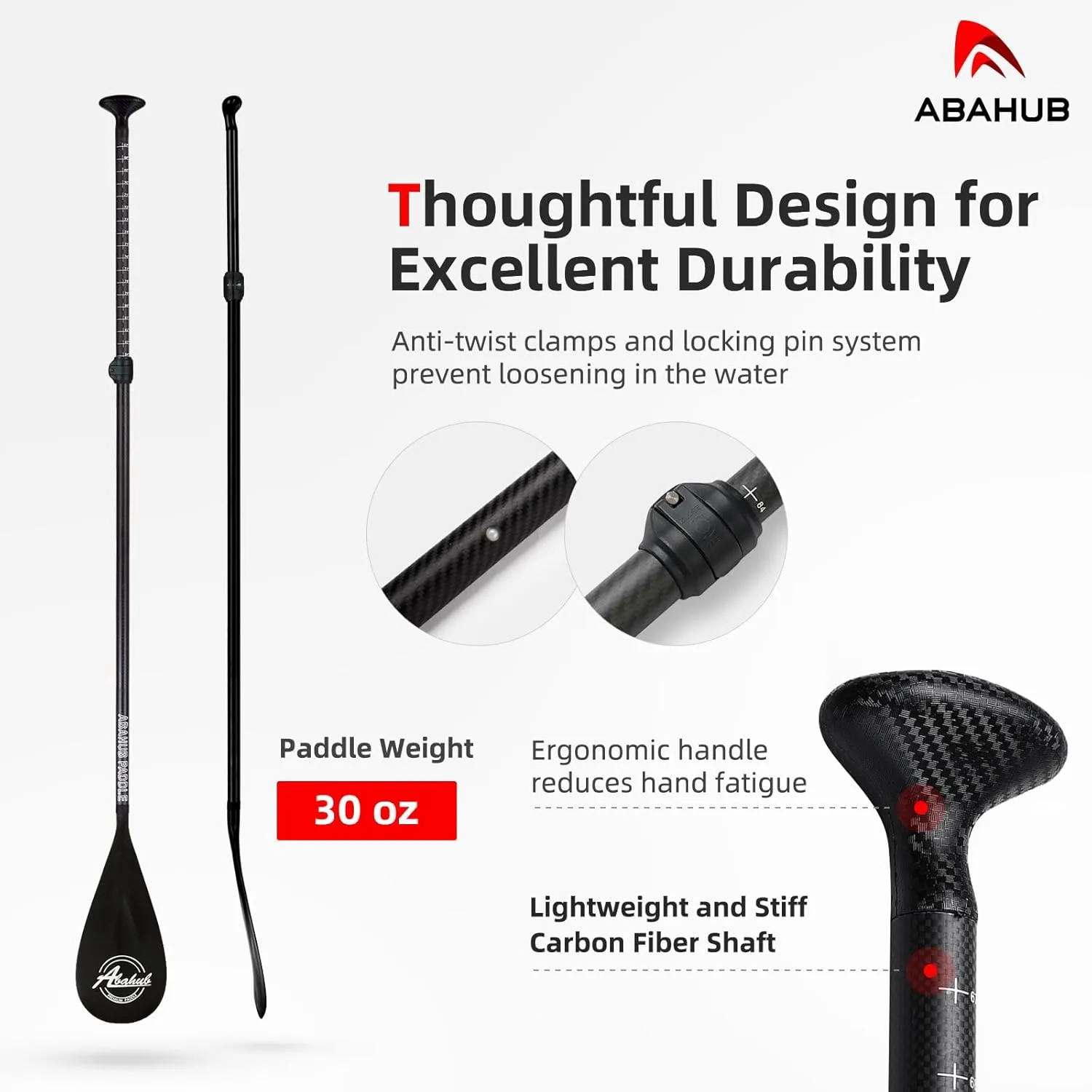 Abahub Carbon Fiber SUP Paddles, 1 x 3 Section Adjustable 67" - 86" Carbon Fiber Shaft, Lightweight Stand-up Paddle Oars for Paddleboards, with a Carrying Bag