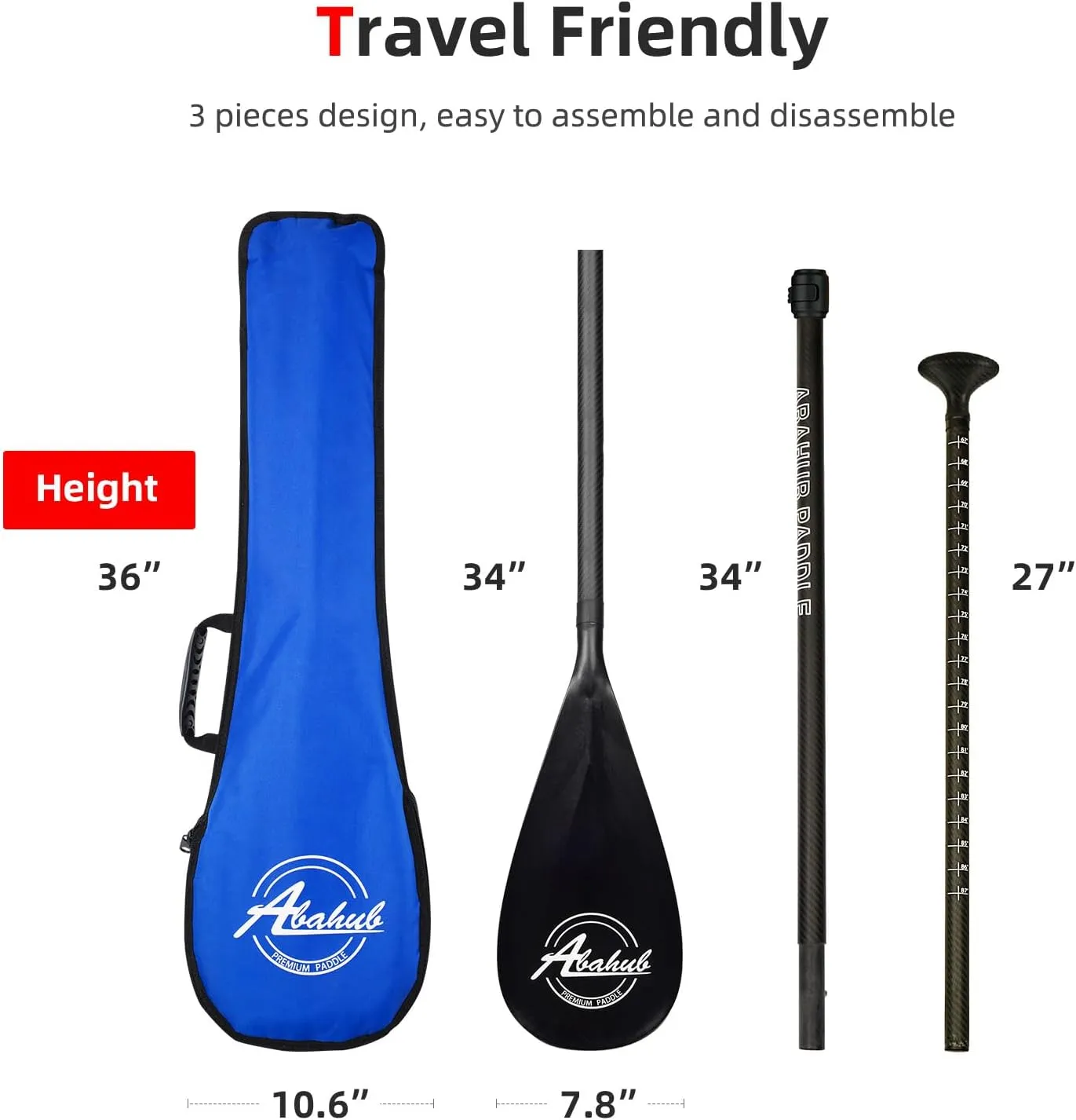 Abahub Carbon Fiber SUP Paddles, 1 x 3 Section Adjustable 67" - 86" Carbon Fiber Shaft, Lightweight Stand-up Paddle Oars for Paddleboards, with a Carrying Bag
