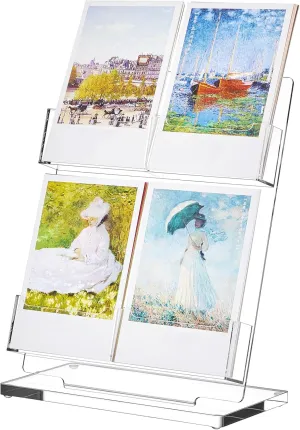 Acrylic Greeting Card Display, 4 Slots Postcard Holder Card Display Stand, No Assembly Required Sticker Storage, Clear Photos Storage Shelf for Vendors Craft Trade Shows
