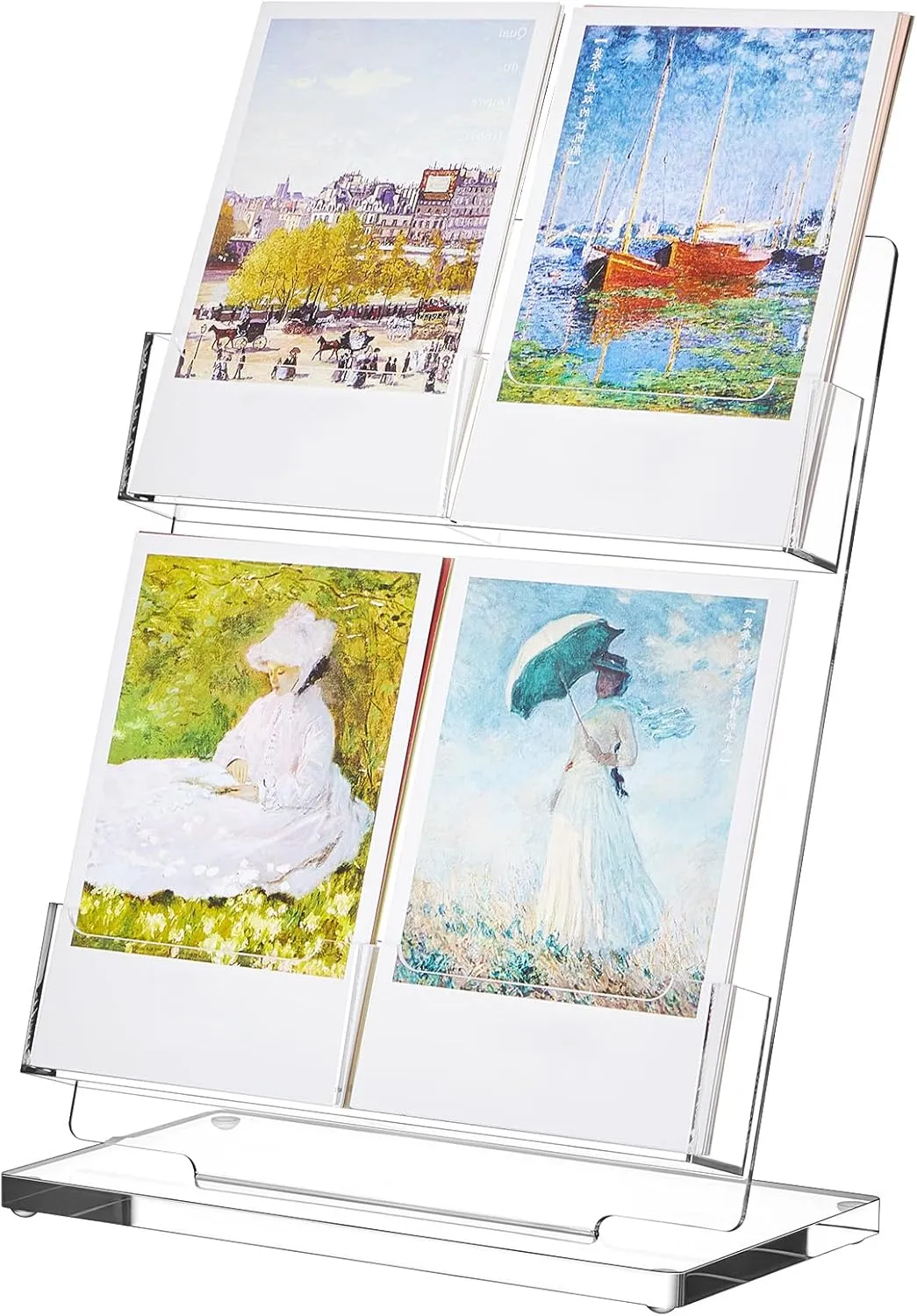Acrylic Greeting Card Display, 4 Slots Postcard Holder Card Display Stand, No Assembly Required Sticker Storage, Clear Photos Storage Shelf for Vendors Craft Trade Shows