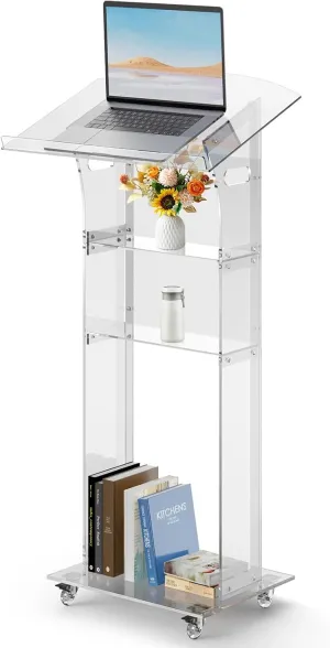 Acrylic Podium Stand 3 Layers, 47.8 Inches Clear Podium with Lockable Wheels, Rolling Podium Mobile Laptop Lecterns & Podiums Portable Pulpits for Churches, Classroom, Wedding, Presentation