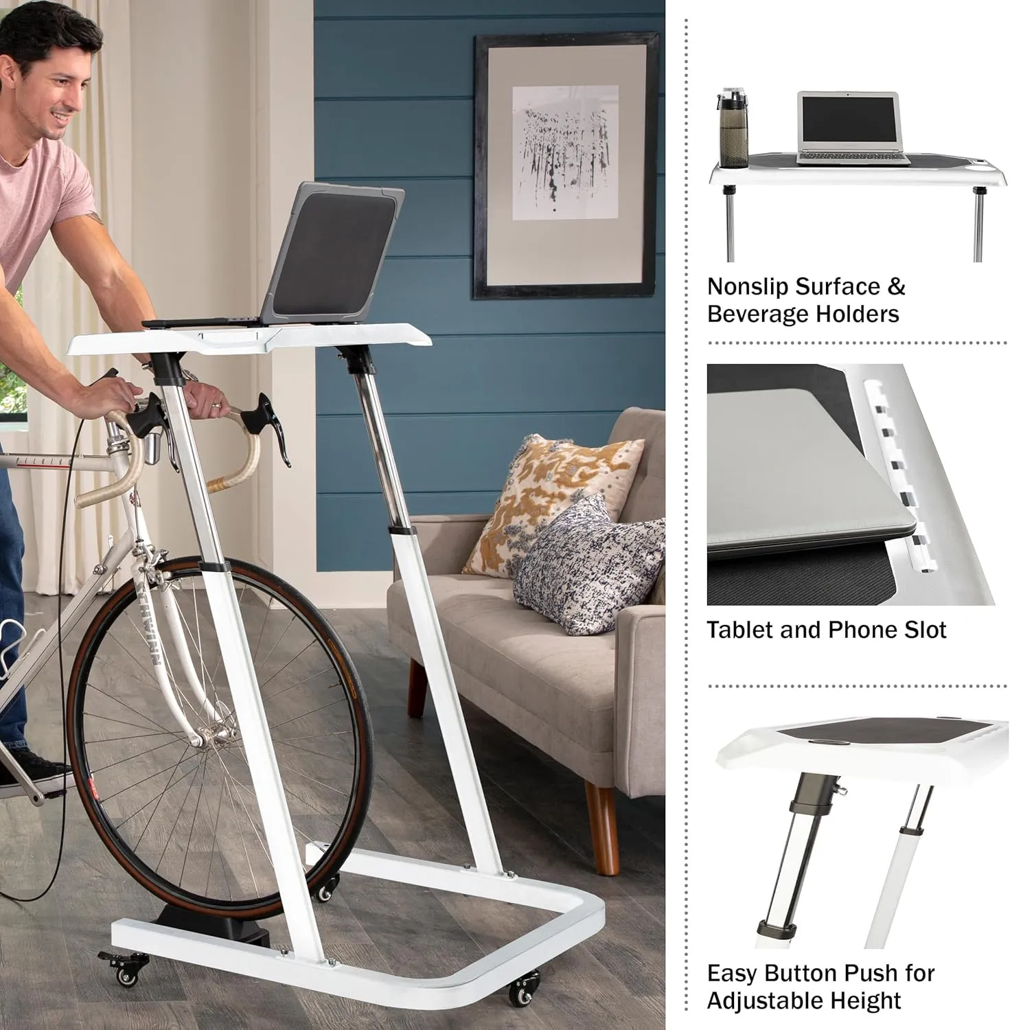 Adjustable Bike Desk - Rolling Laptop Cart for Stationary Bike or Trainer - Exercise While Working or Watching TV - Standing Desk