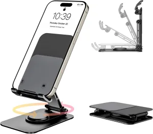 Adjustable Metal Phone Stand for Desk Foldable Phone Holder iPhone Stand Compatible with All Mobile Phone/iPad/Tablet (Black)