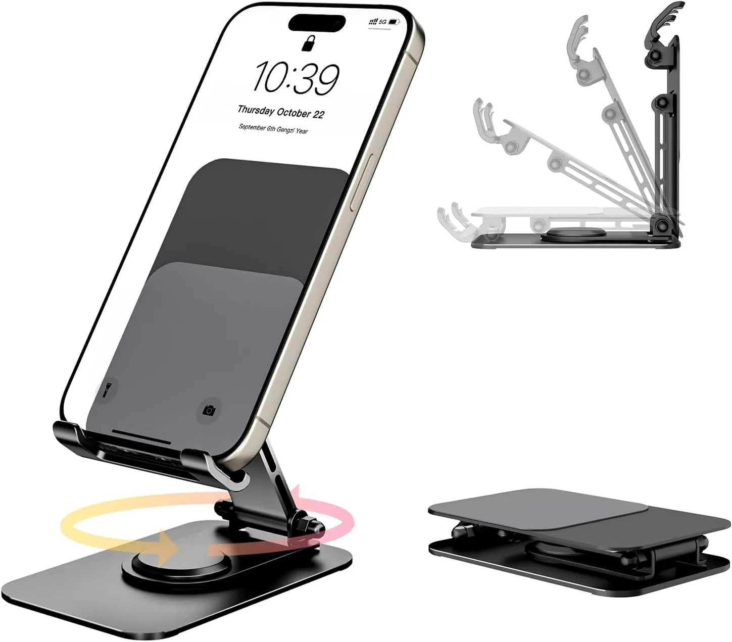 Adjustable Metal Phone Stand for Desk Foldable Phone Holder iPhone Stand Compatible with All Mobile Phone/iPad/Tablet (Black)