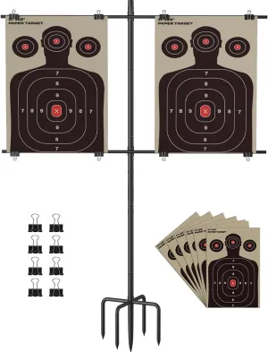 Adjustable Shooting Target Stand with 5-Prong Base, Portable Steel Target Holder with 9 Clips and 15 pcs Paper, Ideal Hunting Accessories for Outdoor Shooting Range