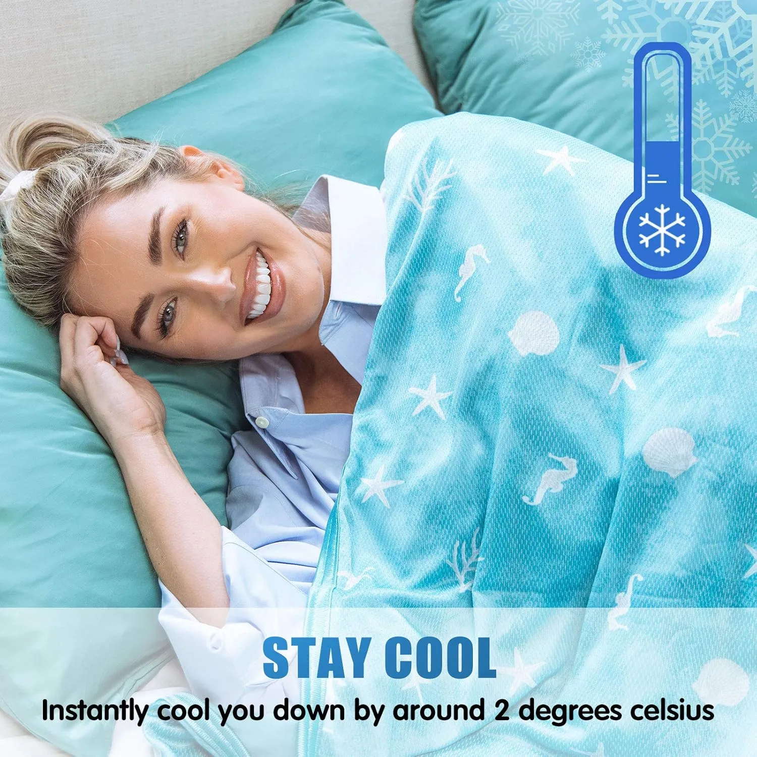 Ailemei Direct Cooling Blanket with Double Sided Cold Effect, Lightweight Breathable Summer Oversize Coastal Theme Bed Blankets, Transfer Heat to Keep Body Cool for Hot Sleepers Night Sweats, 90“x90”