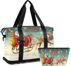 ALAZA Christmas Santa Claus with Reindeer Travel Duffel Bag for Women Men Sports Gym Bag with Shoe Compartment Tote Weekender Overnight Bag with Wet Pocket for Travel, Gym,Yoga,Swimming
