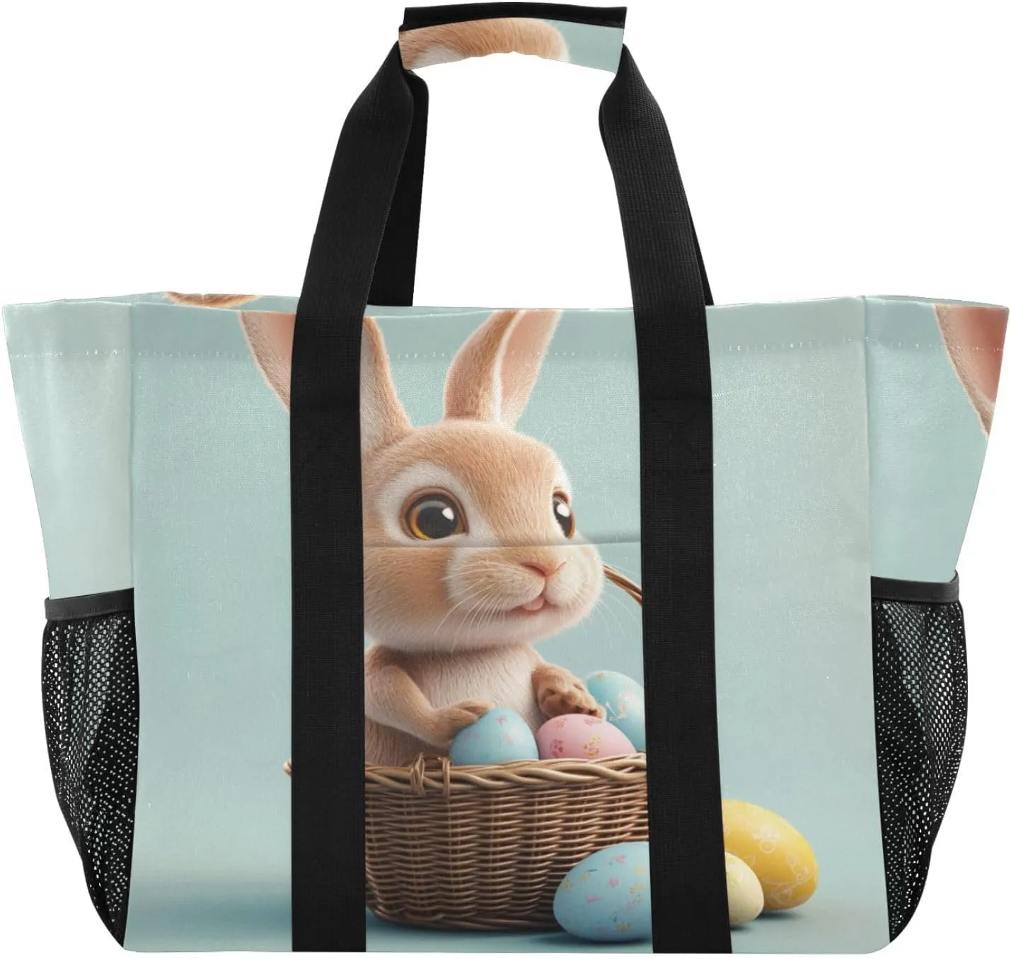 ALAZA Cute Bunnies Flying Baskets Hot Air Balloons Easter Eggs Waterproof Beach Tote Bags