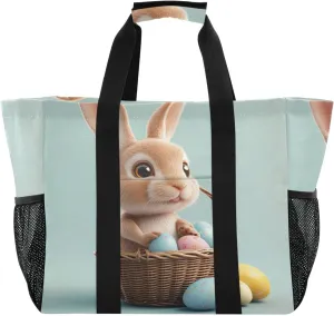 ALAZA Cute Bunnies Flying Baskets Hot Air Balloons Easter Eggs Waterproof Beach Tote Bags
