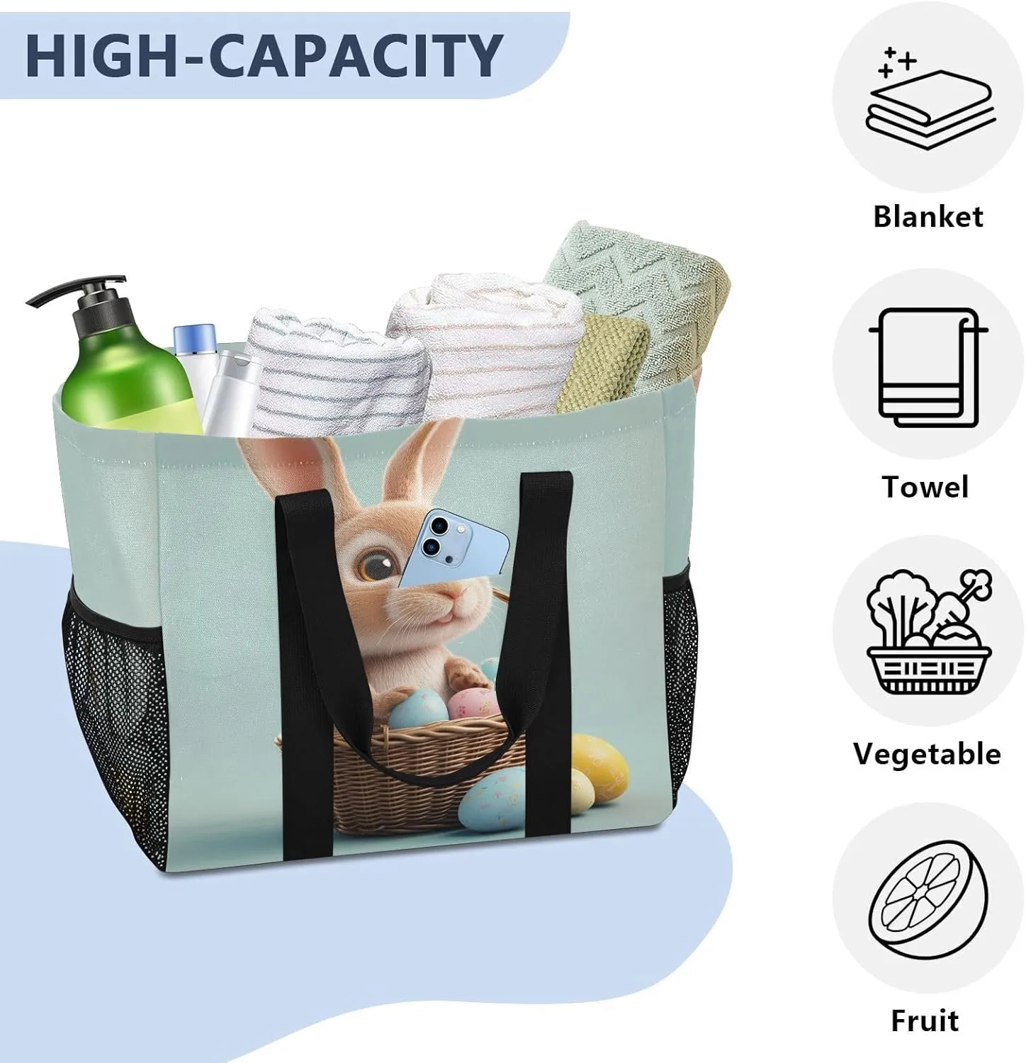 ALAZA Cute Bunnies Flying Baskets Hot Air Balloons Easter Eggs Waterproof Beach Tote Bags
