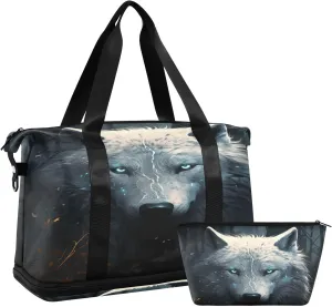 ALAZA Grey Wolf Animal Travel Duffel Bag for Women Men Sports Gym Bag with Shoe Compartment Tote Weekender Overnight Bag with Wet Pocket for Travel, Gym,Yoga,Swimming