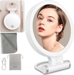 Alovely Travel Magnifying Mirror with Light, Lighted Makeup Mirrors with 1X/10X Magnification Portable LED Vanity Mirror with 3 Color Lighting Brightness Dimmable Round Mirrors for Home