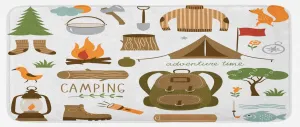Ambesonne Adventure Kitchen Mat, Camping Equipment Sleeping Bag Boots Campfire Shovel Hatchet Log Artwork Print, Plush Decorative Kitchen Mat with Non Slip Backing, 47" X 19", White Khaki