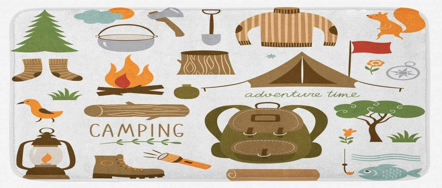 Ambesonne Adventure Kitchen Mat, Camping Equipment Sleeping Bag Boots Campfire Shovel Hatchet Log Artwork Print, Plush Decorative Kitchen Mat with Non Slip Backing, 47" X 19", White Khaki