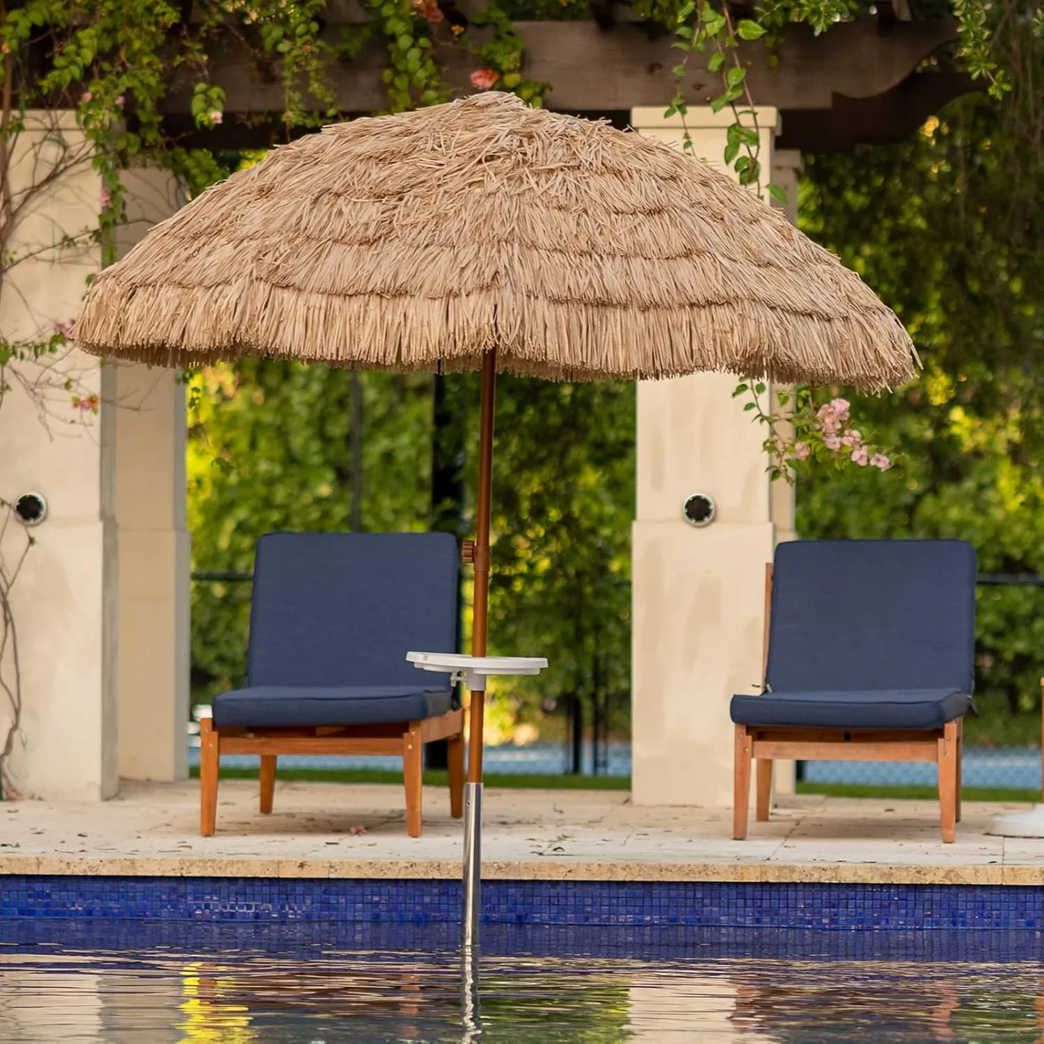 AMMSUN 7.5ft Hula Thatched Tiki Patio Beach Umbrella Hawaiian Style 10 Ribs UPF 50  with Tilt Carry Bag for Outdoor Tiki Bar, Tropical Palapa, Patio Garden Beach Pool Backyard Natural Color