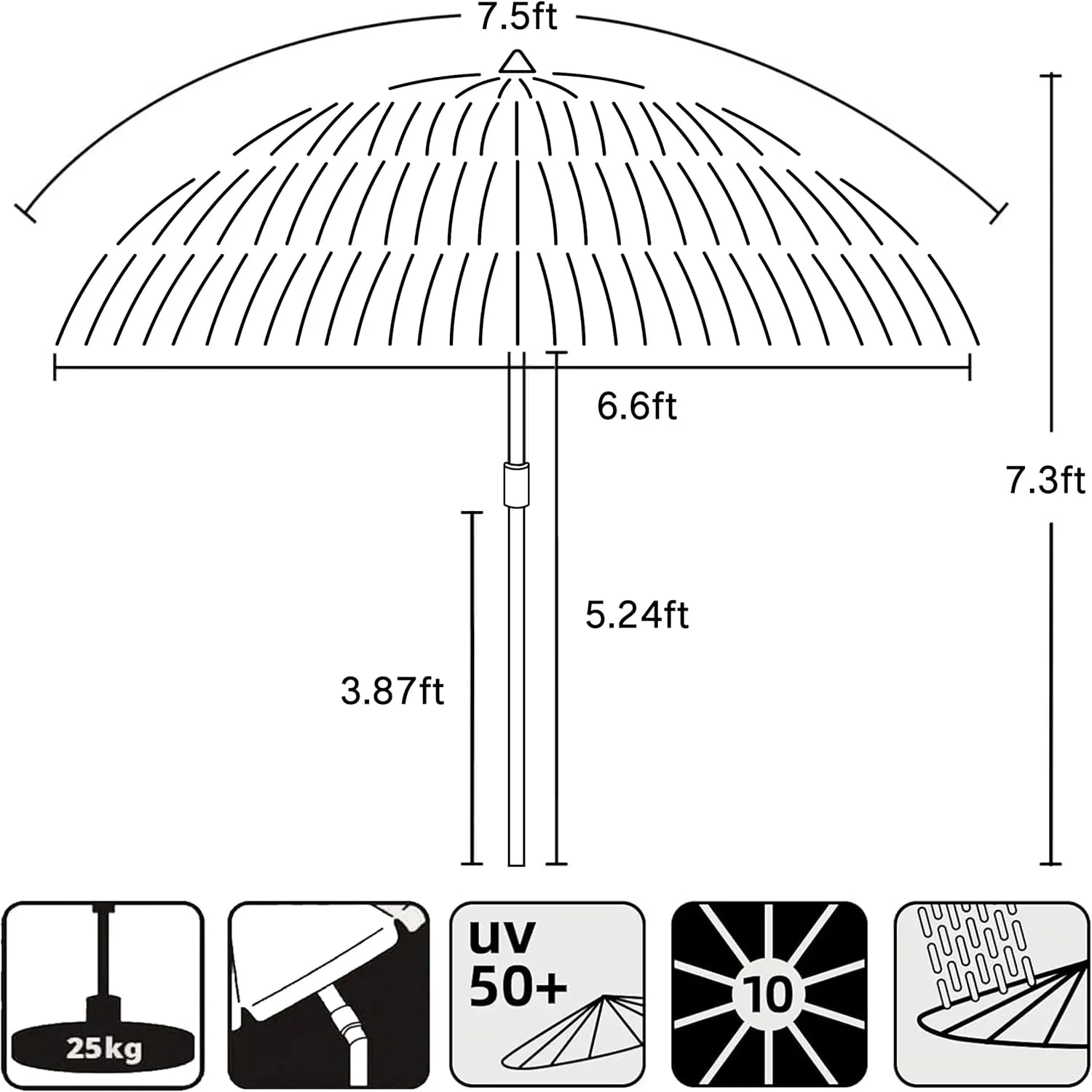 AMMSUN 7.5ft Hula Thatched Tiki Patio Beach Umbrella Hawaiian Style 10 Ribs UPF 50  with Tilt Carry Bag for Outdoor Tiki Bar, Tropical Palapa, Patio Garden Beach Pool Backyard Natural Color