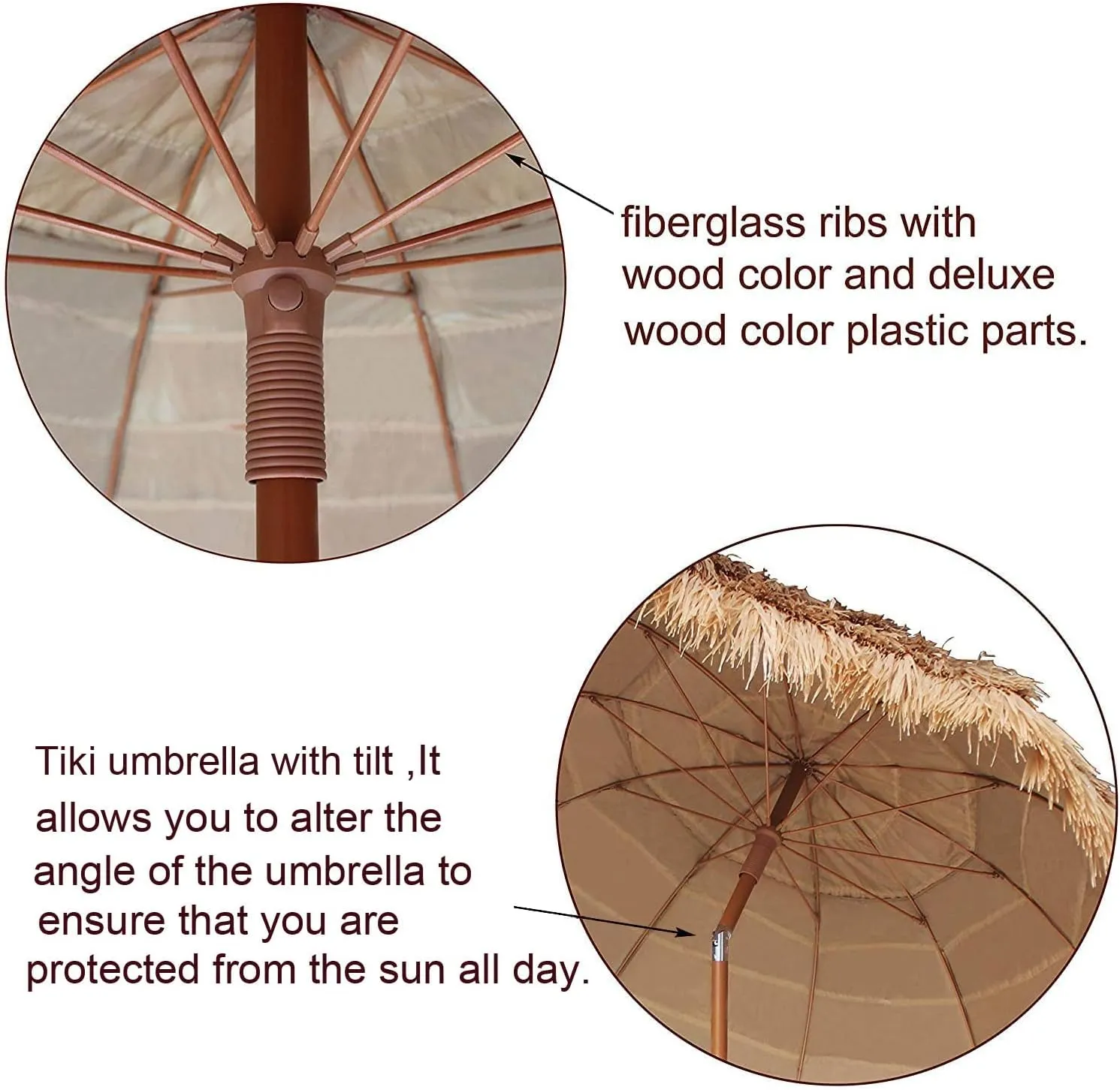 AMMSUN 7.5ft Hula Thatched Tiki Patio Beach Umbrella Hawaiian Style 10 Ribs UPF 50  with Tilt Carry Bag for Outdoor Tiki Bar, Tropical Palapa, Patio Garden Beach Pool Backyard Natural Color