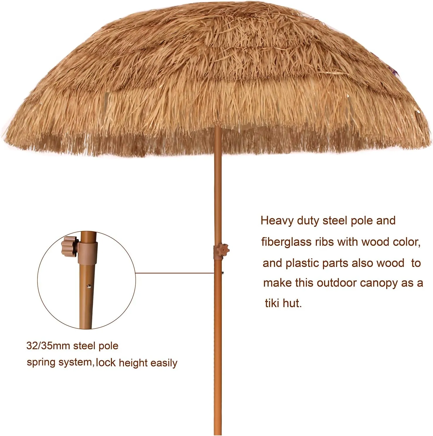 AMMSUN 7.5ft Hula Thatched Tiki Patio Beach Umbrella Hawaiian Style 10 Ribs UPF 50  with Tilt Carry Bag for Outdoor Tiki Bar, Tropical Palapa, Patio Garden Beach Pool Backyard Natural Color
