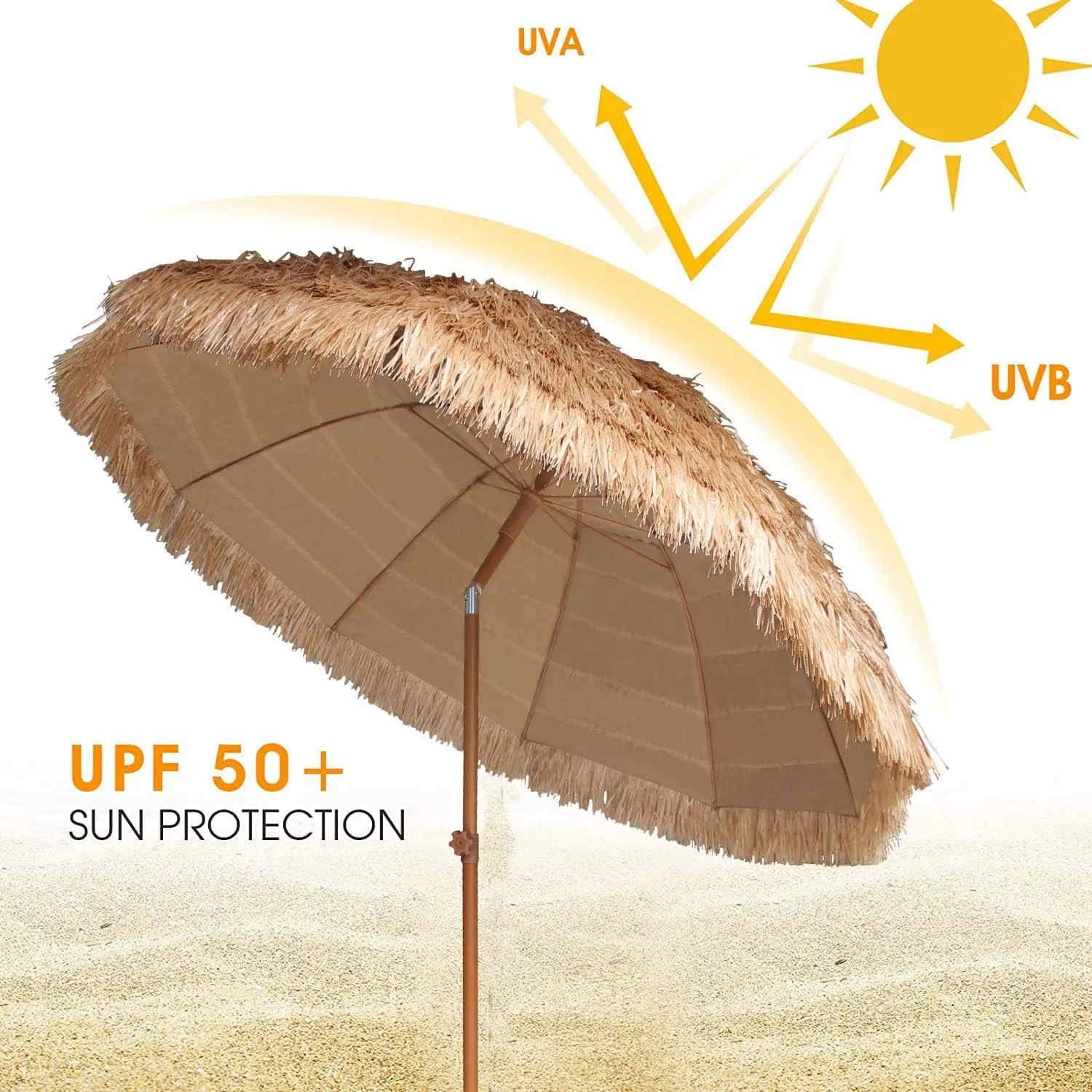 AMMSUN 7.5ft Hula Thatched Tiki Patio Beach Umbrella Hawaiian Style 10 Ribs UPF 50  with Tilt Carry Bag for Outdoor Tiki Bar, Tropical Palapa, Patio Garden Beach Pool Backyard Natural Color
