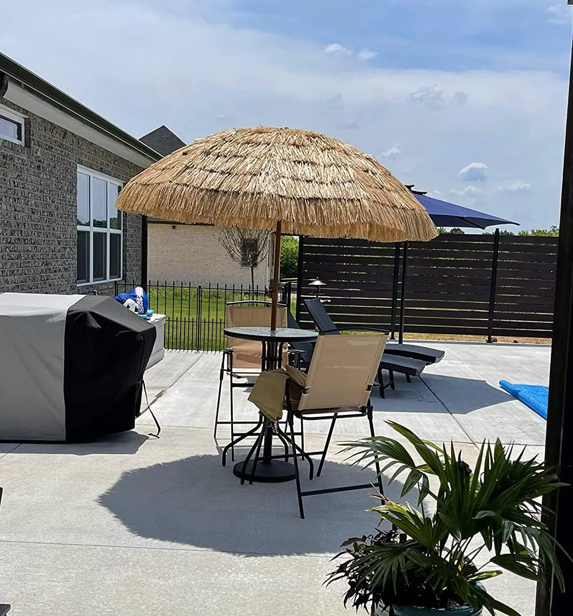 AMMSUN 7.5ft Hula Thatched Tiki Patio Beach Umbrella Hawaiian Style 10 Ribs UPF 50  with Tilt Carry Bag for Outdoor Tiki Bar, Tropical Palapa, Patio Garden Beach Pool Backyard Natural Color