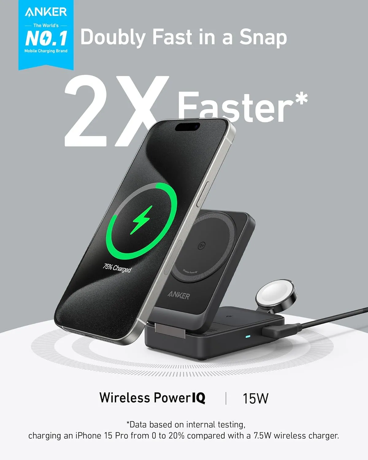 Anker MagGo 3-in-1 iPhone 16 Charging Station, MagSafe-Compatible Wireless Charger Stand, Qi2 Certified 15W Foldable Charger for iPhone 15/14, AirPods, Apple Watch 9 (40W USB-C Charger Included)