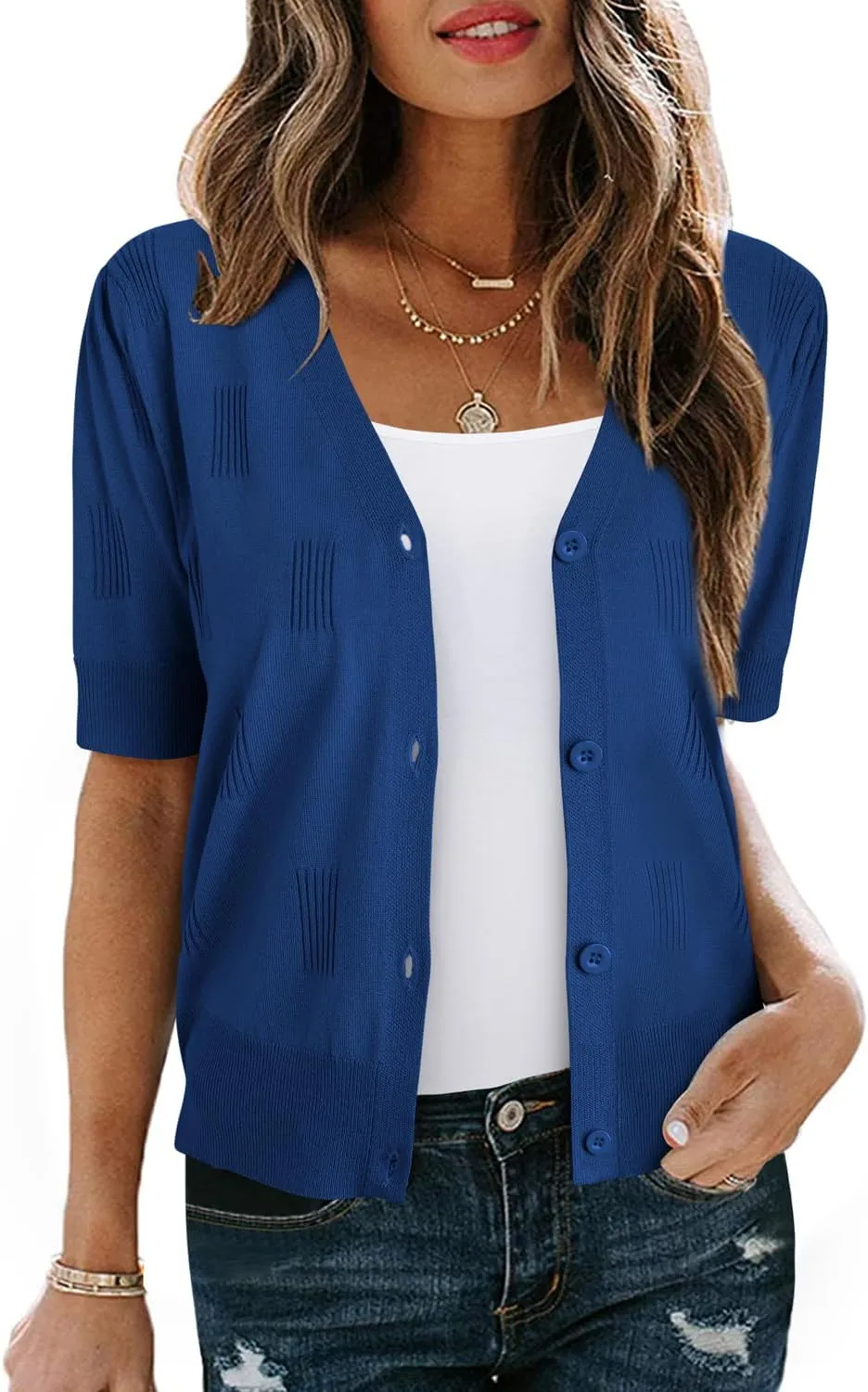 Arach&Cloz Women's Lightweight Summer Business Casual Cropped Short Sleeve Cardigan