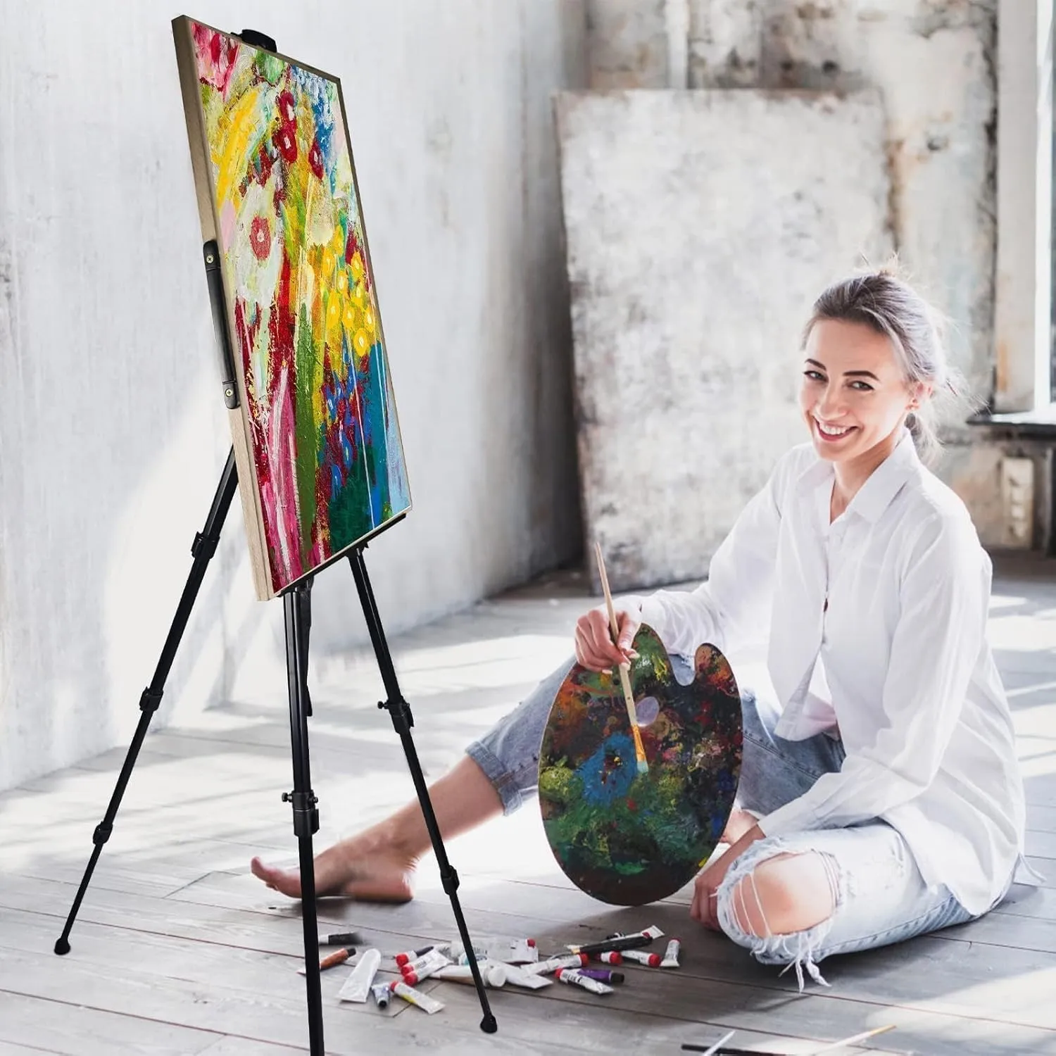 Art Painting Display Artist Easel Stand,Ns Jymb Portable Metal Adjustable Easels for Painting Canvases Height from 17 to 66 Inch - Carry Bag for Table-Top/Floor Displaying and Wedding Signs - Black