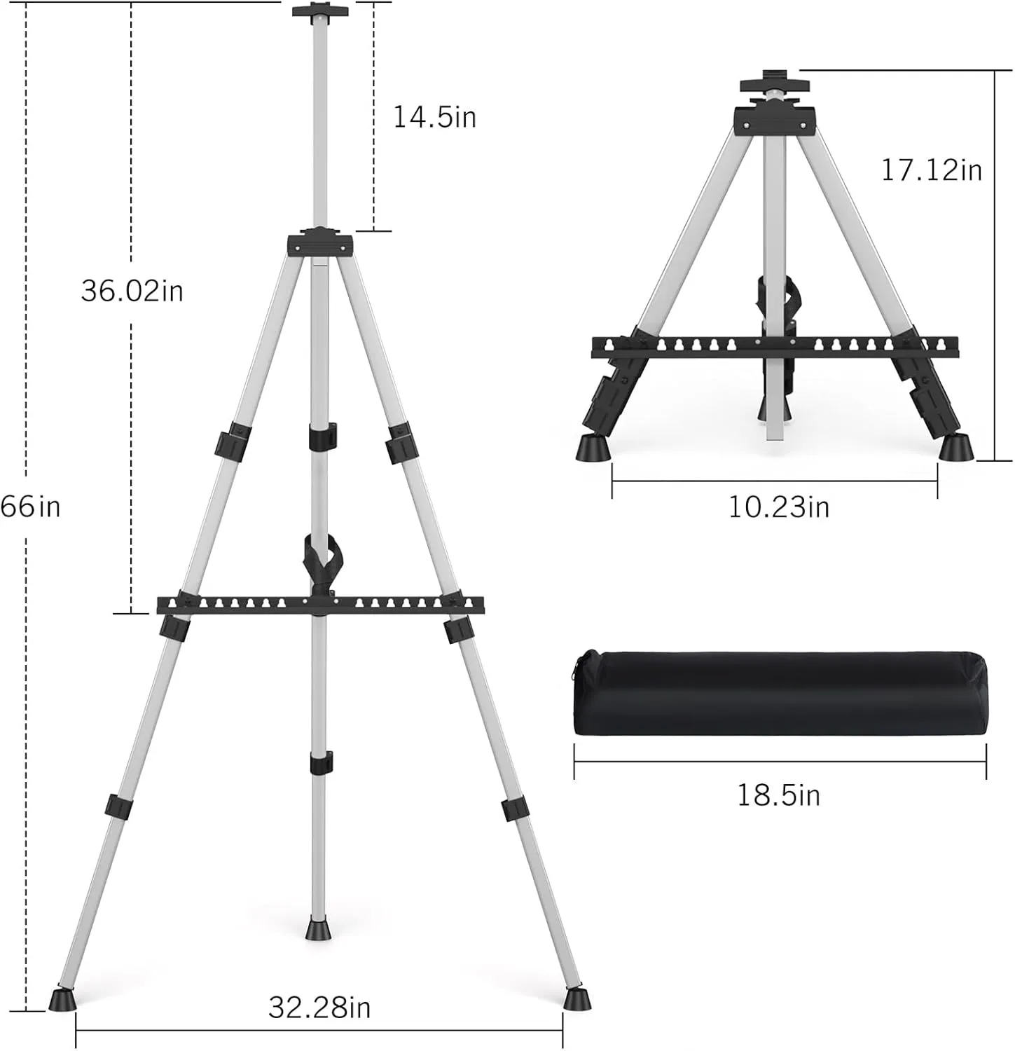 Art Painting Easel Stand, Portable Adjustable Display Tripod Artist Floor Metal Easel with 1 Bag for Table-top/Floor Drawing, Height from 17 to 66 inches, Sturdy for Canvases Displaying - Silver