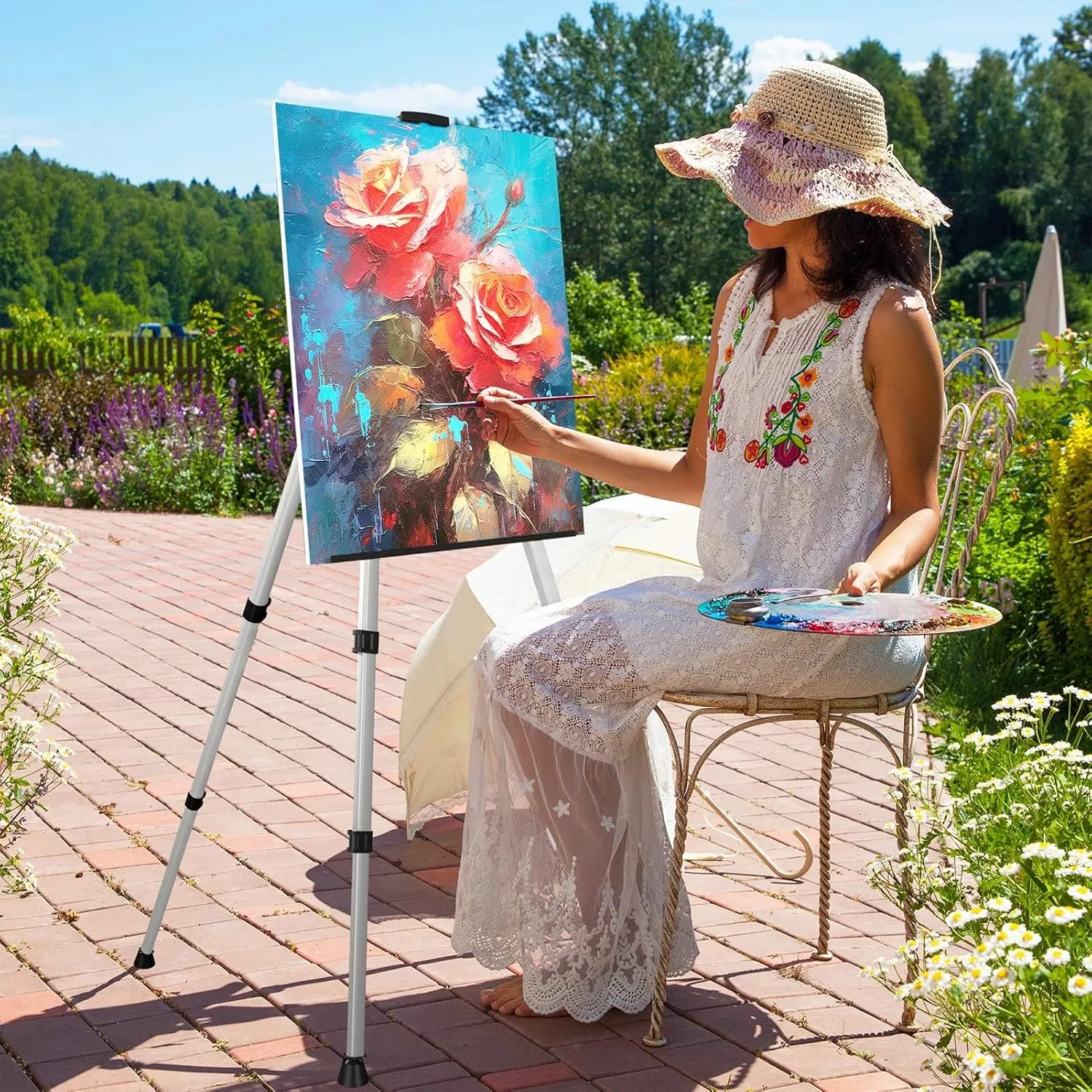 Art Painting Easel Stand, Portable Adjustable Display Tripod Artist Floor Metal Easel with 1 Bag for Table-top/Floor Drawing, Height from 17 to 66 inches, Sturdy for Canvases Displaying - Silver