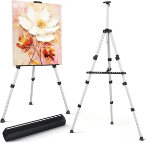 Art Painting Easel Stand, Portable Adjustable Display Tripod Artist Floor Metal Easel with 1 Bag for Table-top/Floor Drawing, Height from 17 to 66 inches, Sturdy for Canvases Displaying - Silver