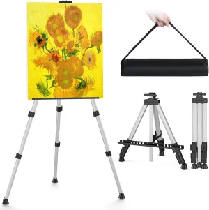 Art Painting Easel Stand, Portable Adjustable Display Tripod Artist Floor Metal Easel with 1 Bag for Table-top/Floor Drawing, Height from 17 to 66 inches, Sturdy for Canvases Displaying - Silver
