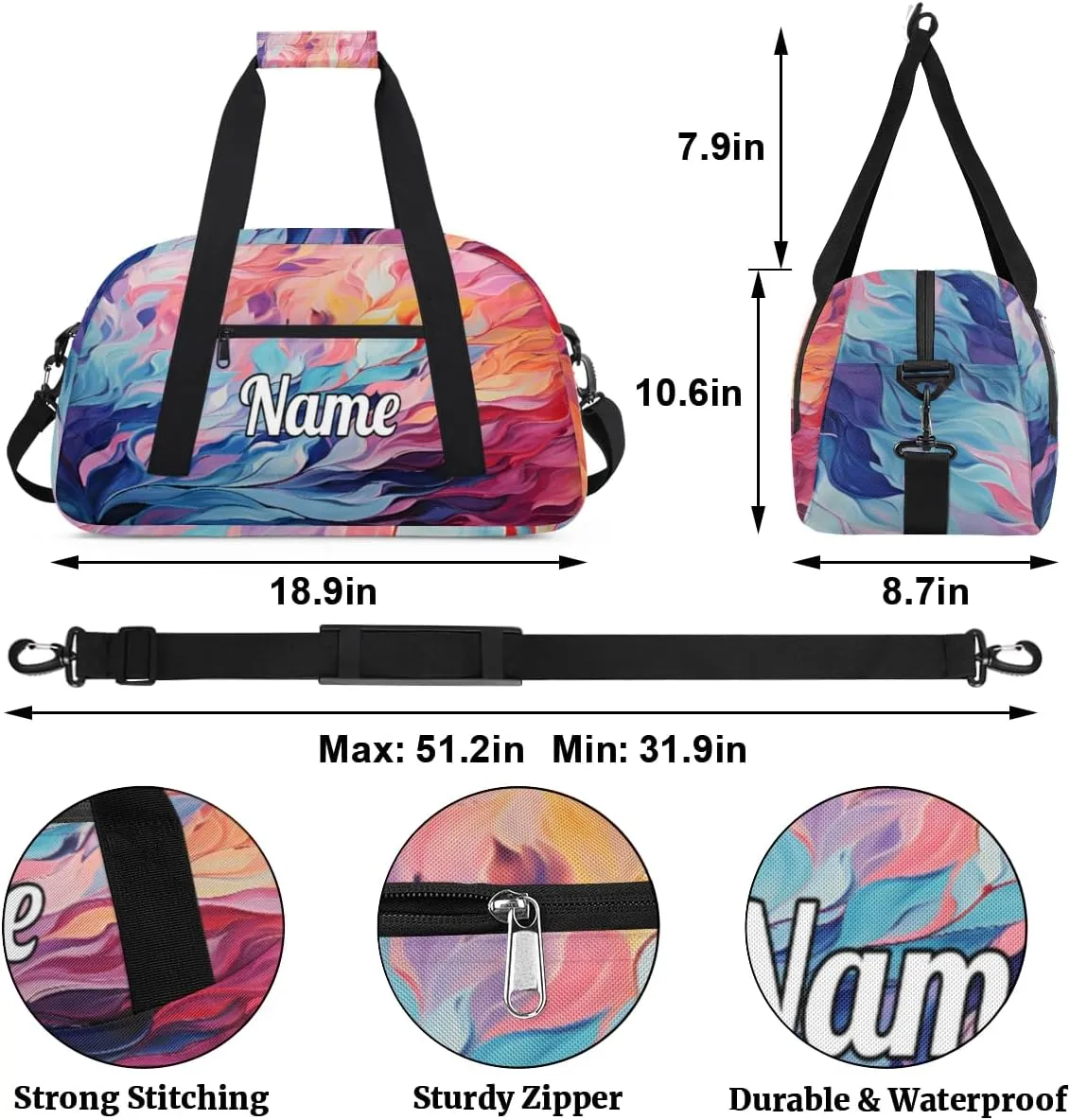 Art Painting Print Personalized Kids Gym Bag Custom Dance Bag with Name Sport Duffel Bag for Girls Boys Weekender Overnight Travel Bag