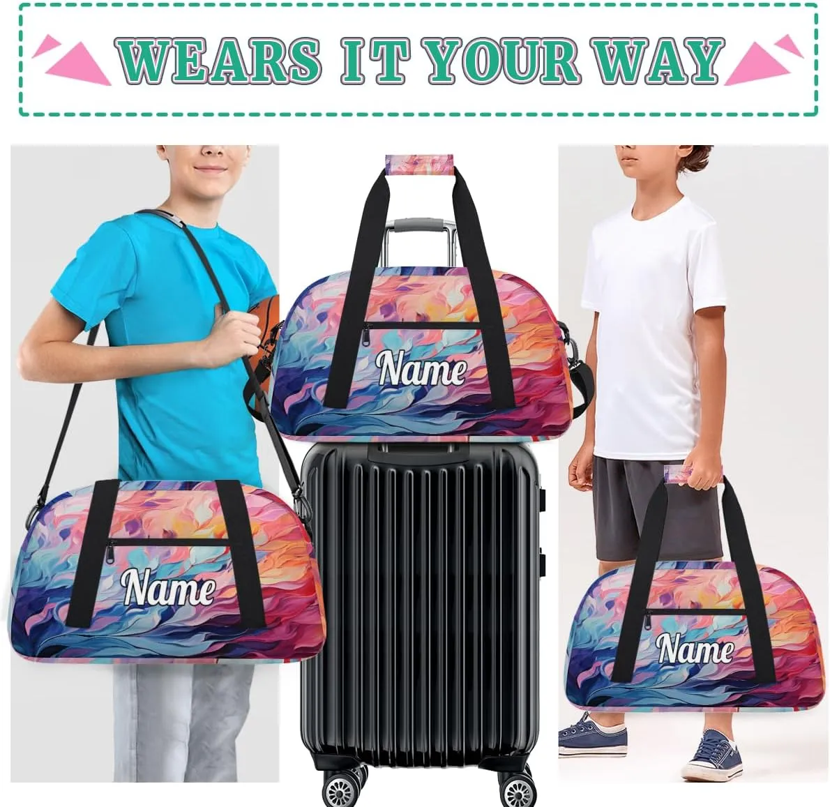 Art Painting Print Personalized Kids Gym Bag Custom Dance Bag with Name Sport Duffel Bag for Girls Boys Weekender Overnight Travel Bag