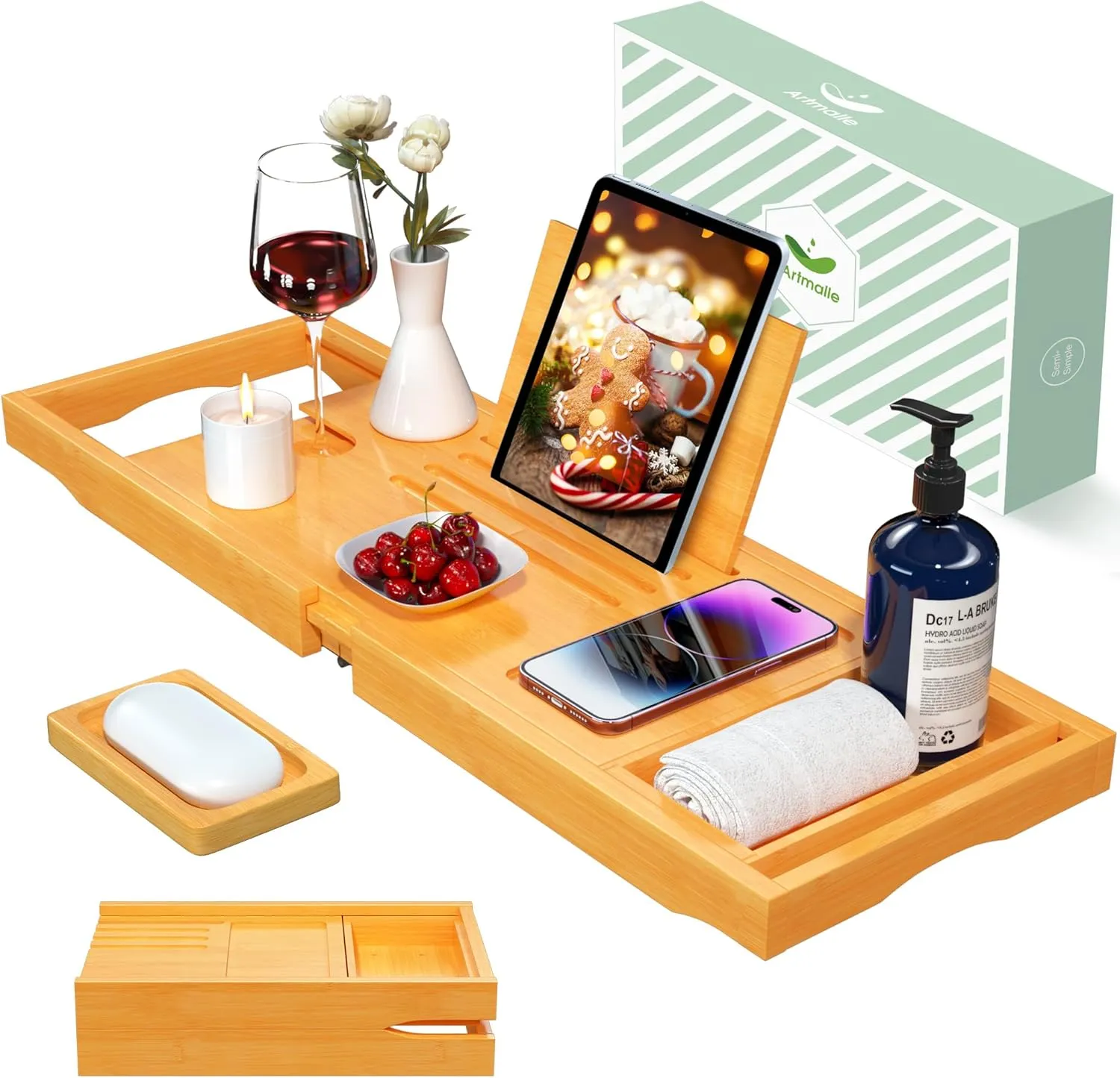 Artmalle Foldable Bathtub Tray for Tub, Bamboo Bathtub Caddy Tray Table with Book Stand for Luxury Bath, Bathroom Accessories for Women Men with Free Soap Dish (Semi-Simple, Natural) (Natural)