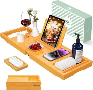 Artmalle Foldable Bathtub Tray for Tub, Bamboo Bathtub Caddy Tray Table with Book Stand for Luxury Bath, Bathroom Accessories for Women Men with Free Soap Dish (Semi-Simple, Natural) (Natural)