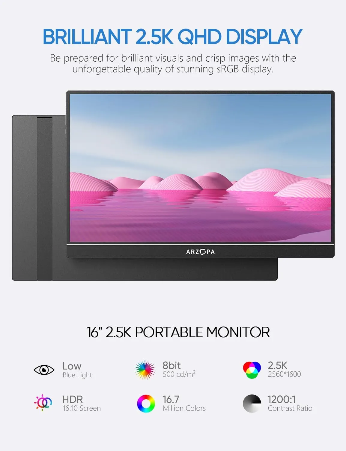 ARZOPA 16" 2.5K Portable Monitor, 2560x1600 QHD IPS Display 123% sRGB with Built-in Stand USB-C HDMI Eye Care External Second Screen for Mac Laptop Phone PS4/5 Xbox Switch -Z1RC
