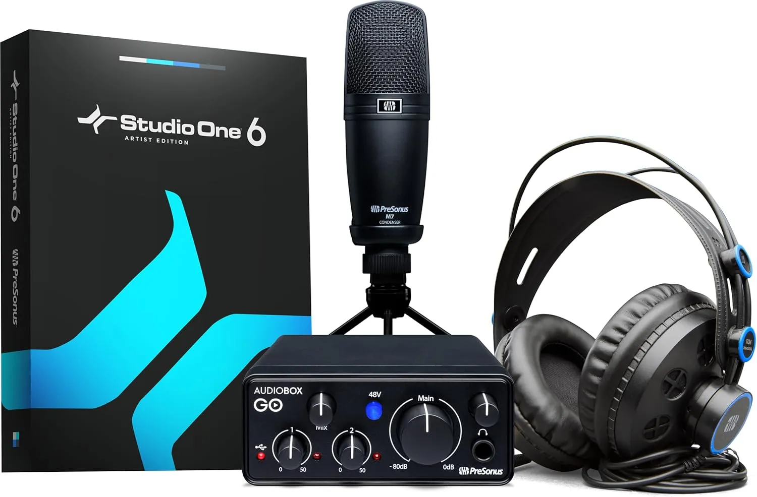 AudioBox Go Creator Complete Studio Recording Bundle with USB Audio 96K Interface, Condenser Microphone, Professional Monitoring Headphones, and Studio One Pro DAW Software