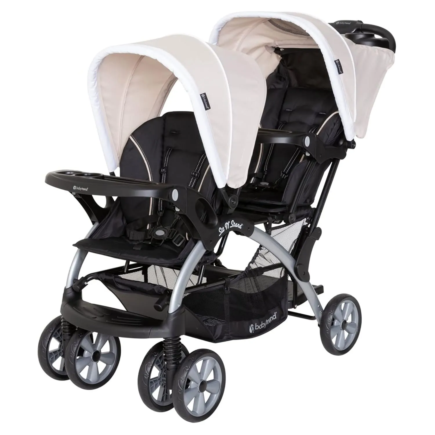 Baby Trend Double Infant and Toddler Stroller w/ Harness and Basket, Sit N' Stand, Khaki