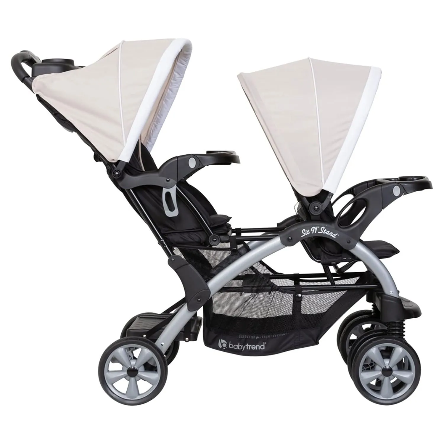 Baby Trend Double Infant and Toddler Stroller w/ Harness and Basket, Sit N' Stand, Khaki