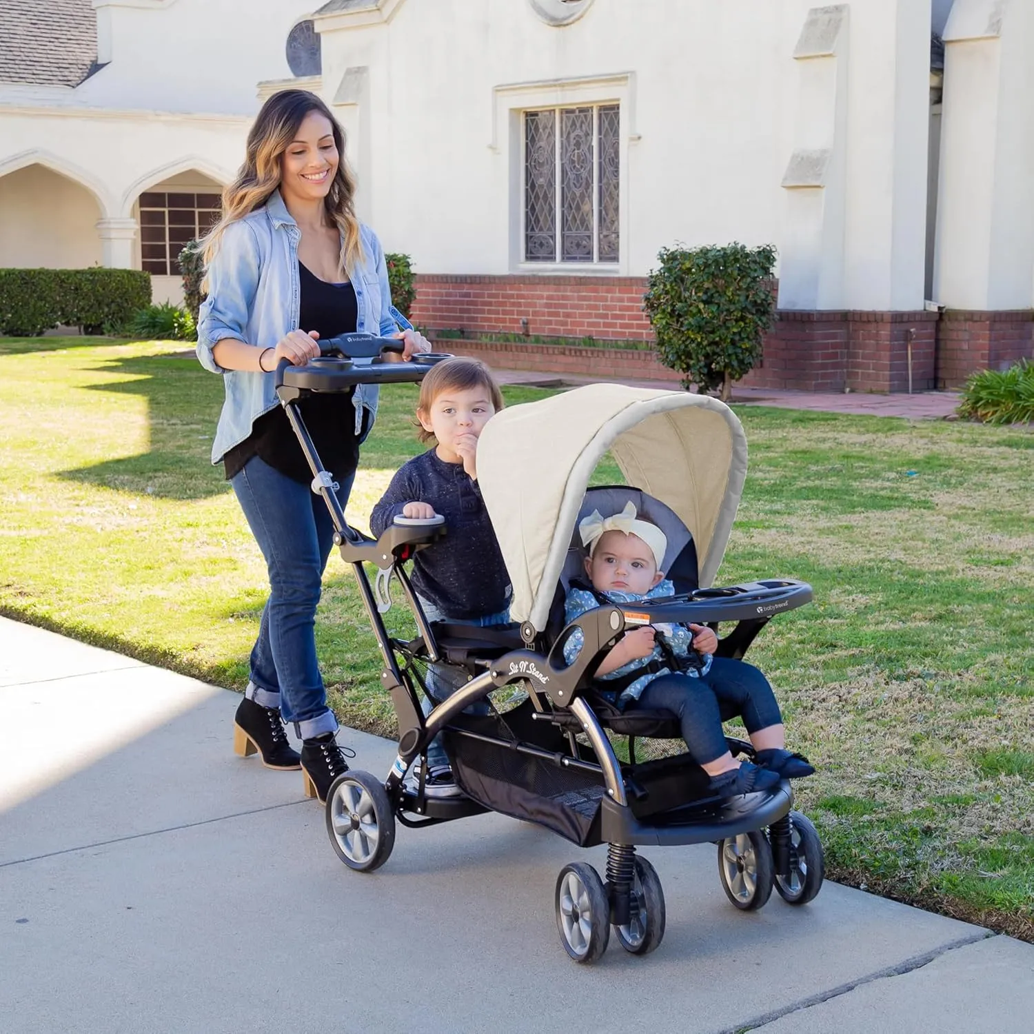 Baby Trend Double Infant and Toddler Stroller w/ Harness and Basket, Sit N' Stand, Khaki