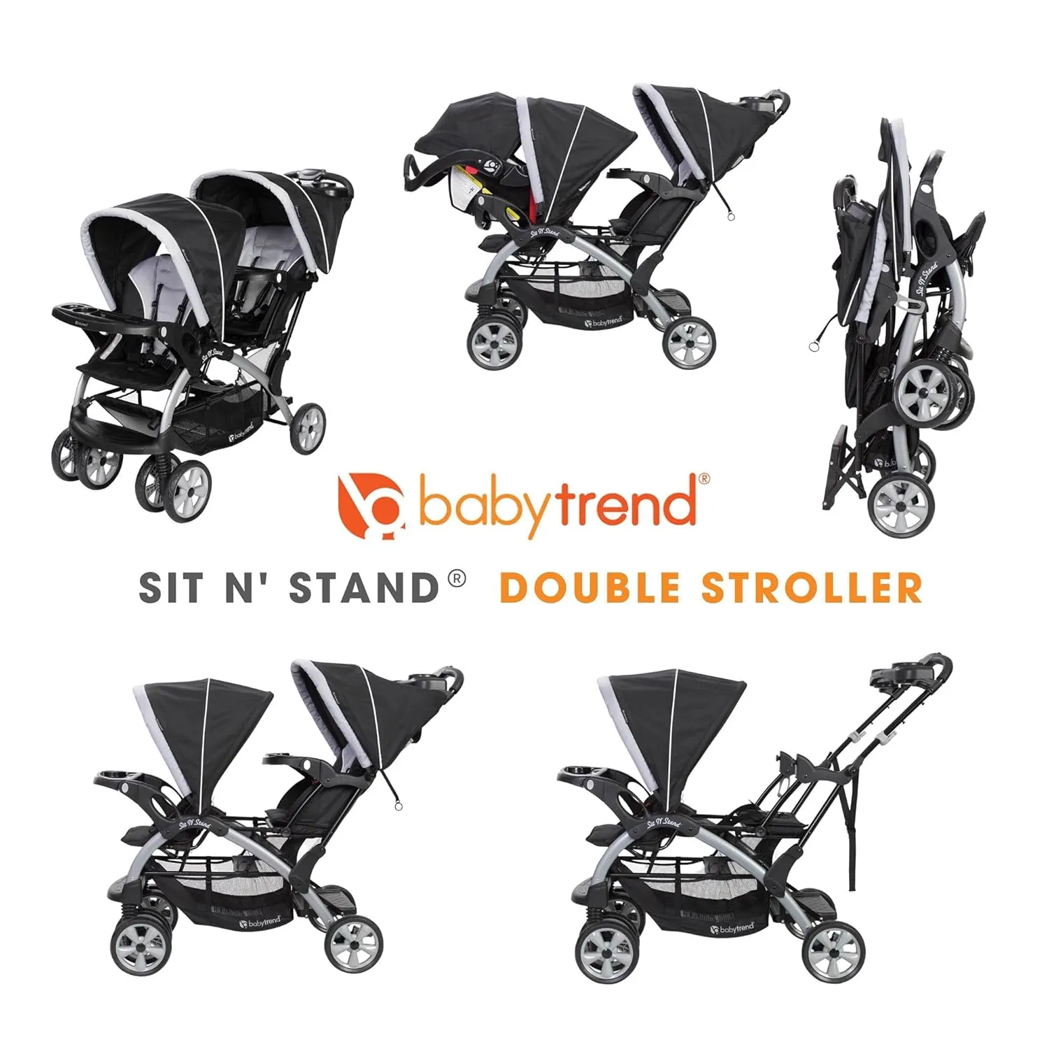 Baby Trend Double Infant and Toddler Stroller w/ Harness and Basket, Sit N' Stand, Stormy