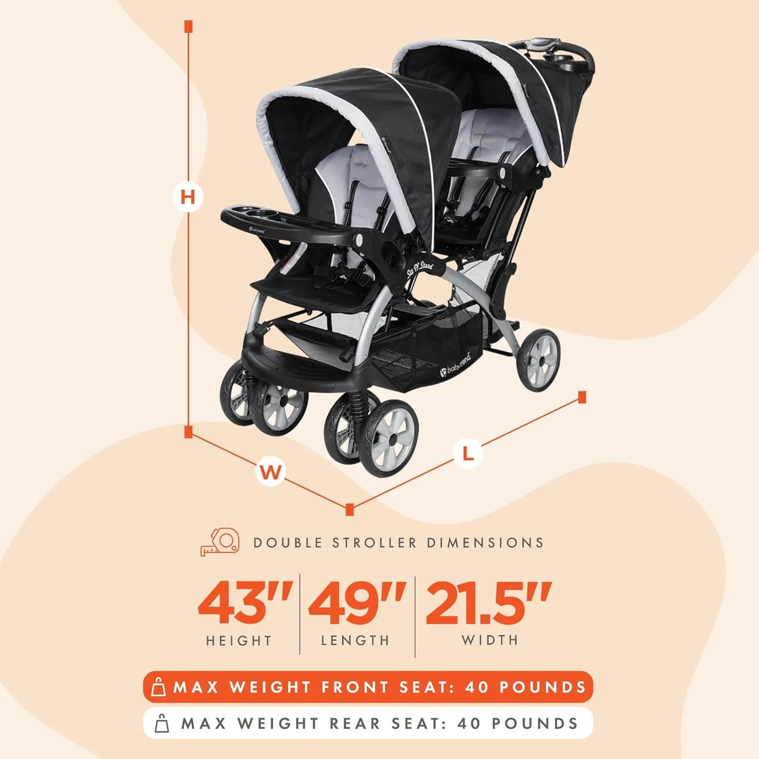 Baby Trend Double Infant and Toddler Stroller w/ Harness and Basket, Sit N' Stand, Stormy