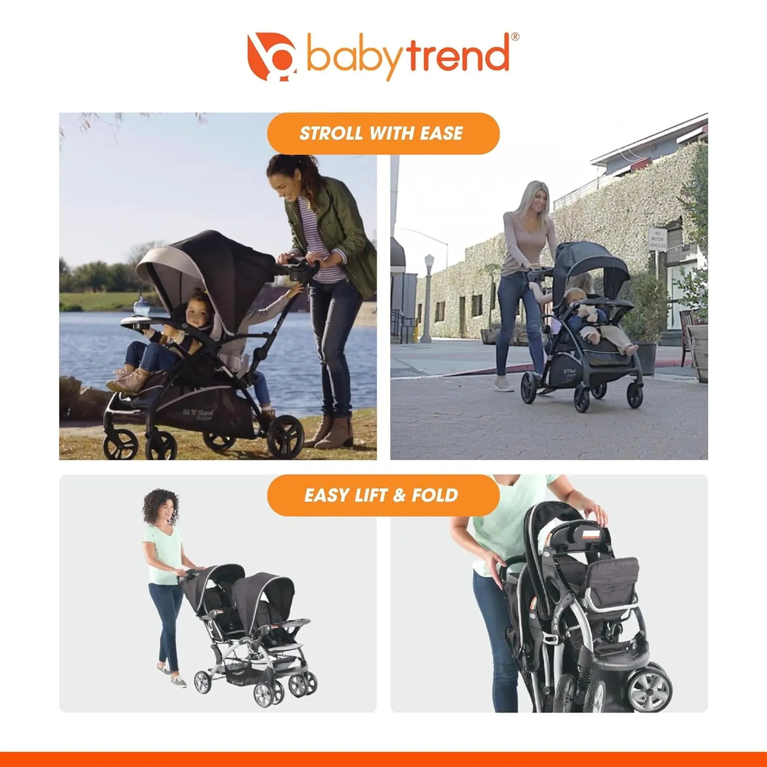 Baby Trend Double Infant and Toddler Stroller w/ Harness and Basket, Sit N' Stand, Stormy